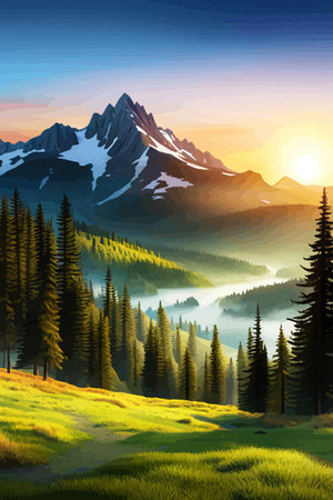 Landscape of mountains and green hills. Summer nature landscape with rocks, forest, grass, sun, sky and clouds.のイラスト素材