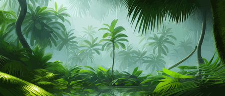 Tropical vintage botanical landscape, palm tree, vegetable flower border background. Exotic green jungle backgroundのイラスト素材