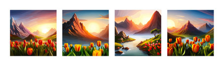Spring landscape field tulips against backdrop mountains. Huge field colorful tulips, sky with clouds and sunset with sunbeams.のイラスト素材