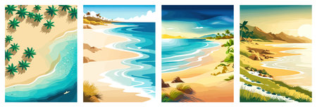 Top view of the summer sea beach. Top view of the ocean beach with soft waves. Beautiful background with shellsのイラスト素材