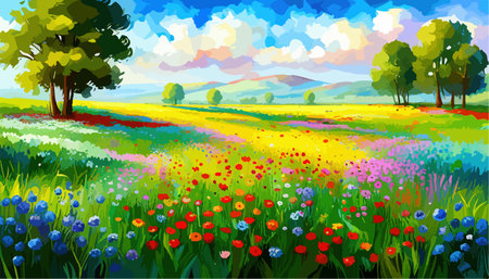 Oil painting wild flowers, cornflower, chamomile fields.のイラスト素材