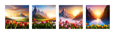 Spring landscape field tulips against backdrop mountains. Huge field colorful tulips, sky with clouds and sunset with sunbeams.のイラスト素材