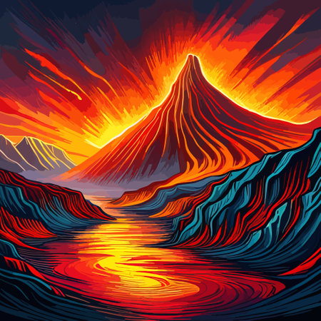Volcano crater eruption with red-hot glowing magma, active volcanic explosion with lava, splashes, rocks, flashesのイラスト素材