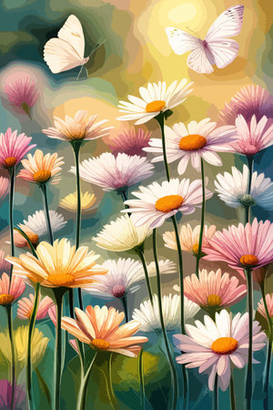 Field spring wildflowers chamomile close-up with flying butterflies, illuminated in the morning, vector illustrationのイラスト素材