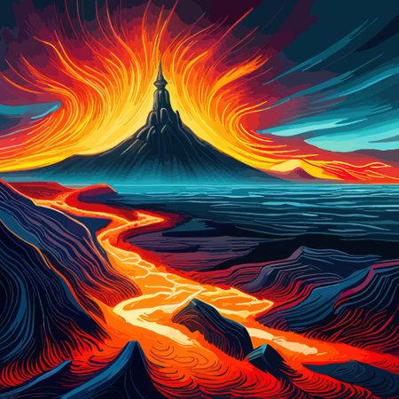 Volcano crater eruption with red-hot glowing magma, active volcanic explosion with lava, splashes, rocks, flashesのイラスト素材