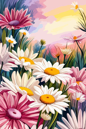 Field spring wildflowers chamomile close-up with flying butterflies, illuminated in the morning, vector illustrationのイラスト素材