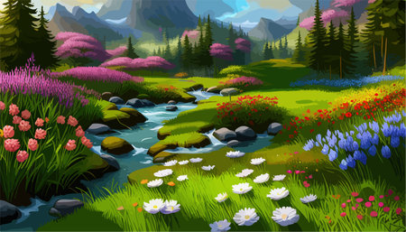 Vector illustration of a landscape with a field of blooming bright flowers, distant misty mountains on the horizonのイラスト素材