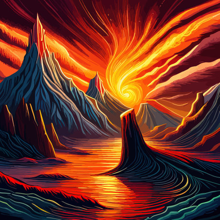 Volcano crater eruption with red-hot glowing magma, active volcanic explosion with lava, splashes, rocks, flashesのイラスト素材