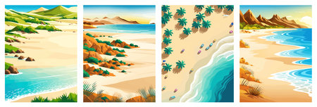 Top view of the summer sea beach. Top view of the ocean beach with soft waves. Beautiful background with shellsのイラスト素材