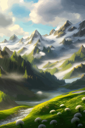 Flat natural view of green plants, flowers and mountains. spring landscape. spring landscape in green field colorfulのイラスト素材