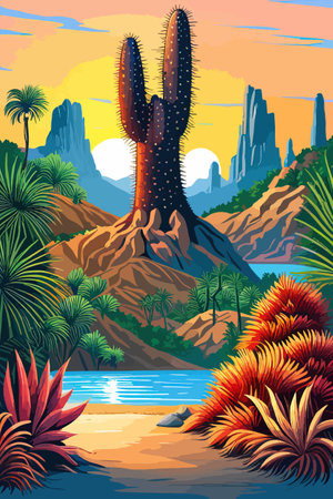 Cactus garden with a variety of succulents, cacti and other desert plants, with a blooming desert roseのイラスト素材
