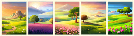 View of a green meadow on the hills with blue sky, vector cartoon spring or summer landscape, panoramic rural mountainのイラスト素材