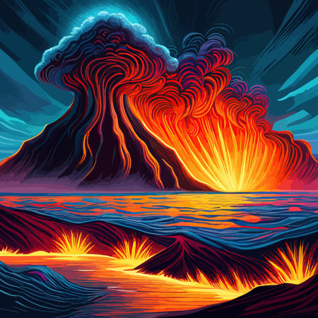Volcano crater eruption with red-hot glowing magma, active volcanic explosion with lava, splashes, rocks, flashesのイラスト素材