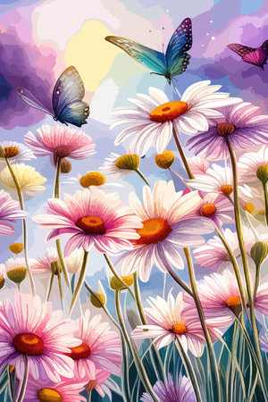 Field spring wildflowers chamomile close-up with flying butterflies, illuminated in the morning, vector illustrationのイラスト素材