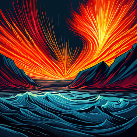 Volcano crater eruption with red-hot glowing magma, active volcanic explosion with lava, splashes, rocks, flashesのイラスト素材