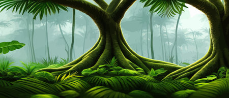Tropical vintage botanical landscape, palm tree, vegetable flower border background. Exotic green jungle backgroundのイラスト素材
