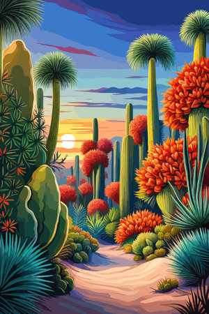 Cactus garden with a variety of succulents, cacti and other desert plants, with a blooming desert roseのイラスト素材