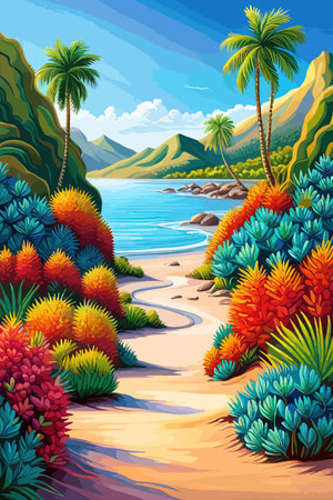 Cactus garden with a variety of succulents, cacti and other desert plants, with a blooming desert roseのイラスト素材