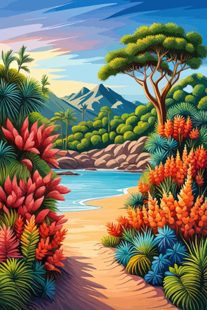 Cactus garden with a variety of succulents, cacti and other desert plants, with a blooming desert roseのイラスト素材