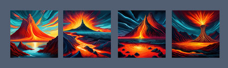 Volcano crater eruption with red-hot glowing magma, active volcanic explosion with lava, splashes, rocks, flashesのイラスト素材