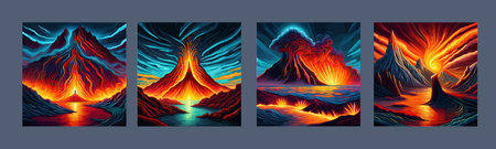 Volcano crater eruption with red-hot glowing magma, active volcanic explosion with lava, splashes, rocks, flashesのイラスト素材