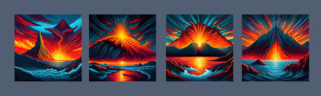Volcano crater eruption with red-hot glowing magma, active volcanic explosion with lava, splashes, rocks, flashesのイラスト素材