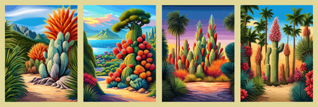 Cactus garden with a variety of succulents, cacti and other desert plants, with a blooming desert roseの写真素材