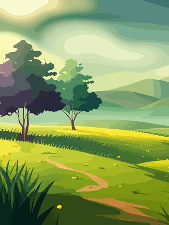 View of a green meadow on the hills with blue sky, vector cartoon spring or summer landscape, panoramic rural mountainのイラスト素材
