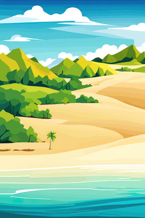 Top view of the summer sea beach. Top view of the ocean beach with soft waves. Beautiful background with shellsのイラスト素材