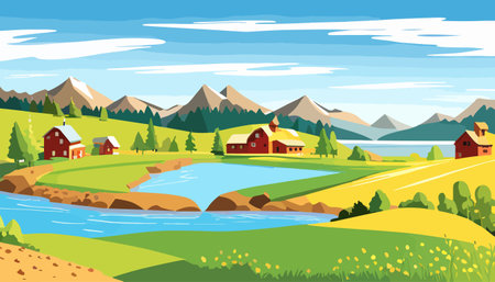 Vector illustration of a house in a rural area surrounded by panoramic meadows, mountains, and idyllic countryside.のイラスト素材