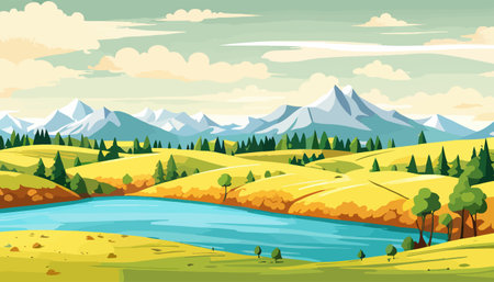 Vector illustration of a house in a rural area surrounded by panoramic meadows, mountains, and idyllic countryside.のイラスト素材