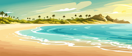 Top view of the summer sea beach. Top view of the ocean beach with soft waves. Beautiful background with shellsのイラスト素材