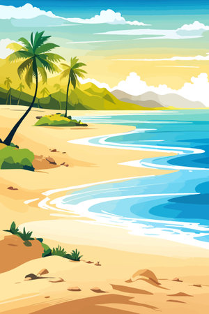 Top view of the summer sea beach. Top view of the ocean beach with soft waves. Beautiful background with shellsのイラスト素材