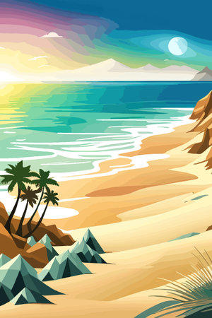 Top view of the summer sea beach. Top view of the ocean beach with soft waves. Beautiful background with shellsのイラスト素材