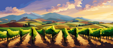 Rural landscape with a beautiful view of distant fields and hills vector illustration.のイラスト素材