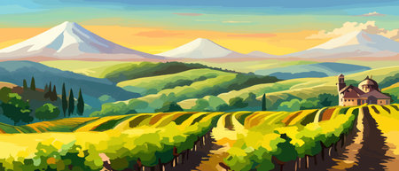 Rural landscape with a beautiful view of distant fields and hills vector illustration.のイラスト素材