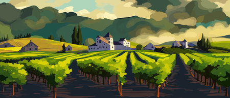 Rural landscape with a beautiful view of distant fields and hills vector illustration.のイラスト素材