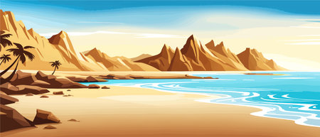 Top view of the summer sea beach. Top view of the ocean beach with soft waves. Beautiful background with shellsのイラスト素材