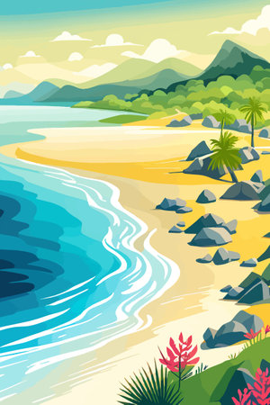 Top view of the summer sea beach. Top view of the ocean beach with soft waves. Beautiful background with shellsのイラスト素材