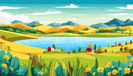 Vector illustration of a house in a rural area surrounded by panoramic meadows, mountains, and idyllic countryside.のイラスト素材