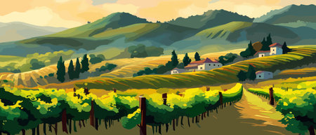 Rural landscape with a beautiful view of distant fields and hills vector illustration.のイラスト素材