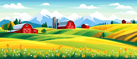 Landscape of green fields of farmland, barns and farms, rural houses. Vector grassland with buildings, green grassのイラスト素材