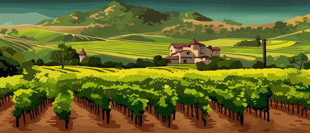 Ilustración de Rural landscape with a beautiful view of distant fields and hills vector illustration. - Imagen libre de derechos