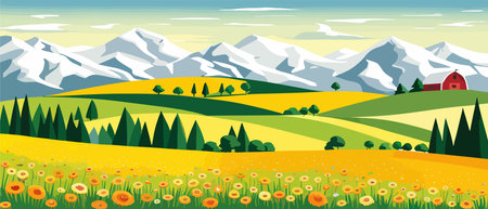 Landscape of green fields of farmland, barns and farms, rural houses. Vector grassland with buildings, green grassのイラスト素材