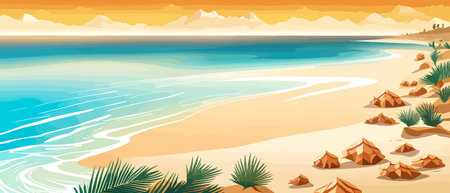Top view of the summer sea beach. Top view of the ocean beach with soft waves. Beautiful background with shellsのイラスト素材