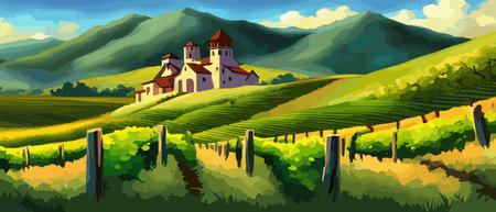 Rural landscape with a beautiful view of distant fields and hills vector illustration.のイラスト素材