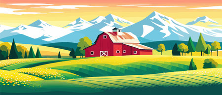 Landscape of green fields of farmland, barns and farms, rural houses. Vector grassland with buildings, green grassのイラスト素材
