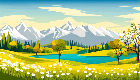 Nature and landscape. Vector illustration of trees, forest, mountains, flowers, plants, field. Picture for backgroundのイラスト素材