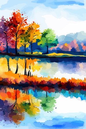 Watercolor landscape. Autumn forest on the lake shore vector illustration autumnal trees on the shore of calm forestのイラスト素材