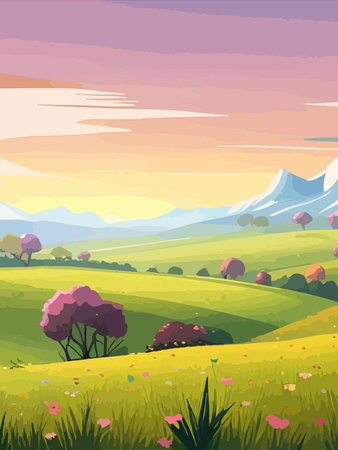 View of a green meadow on the hills with blue sky, vector cartoon spring or summer landscape, panoramic rural mountainのイラスト素材